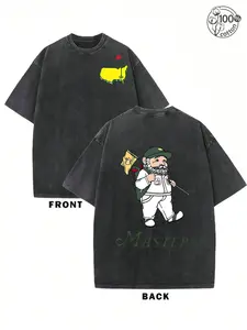 Menswear Retro Vintage Golf Masters Tournament Graphic T-Shirt, 230g 100% Cotton Vintage Washed Round Neck Dropped Shoulder Unisex Short-Sleeve Tee, Summer Casual Top, Father's Day Holiday Gift for Family Friends