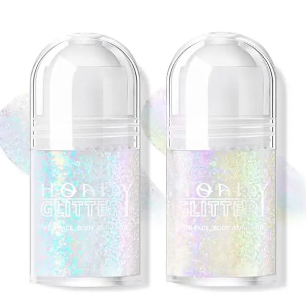 HOSAILY 2 Colors Roll-on Body Glitter Gel, Holographic Glitter Gel Under Light for Face Hair, Body Shimmer for Rave Accessories Christmas New Year Halloween Makeup (Golden Ocean+Neon Violet)