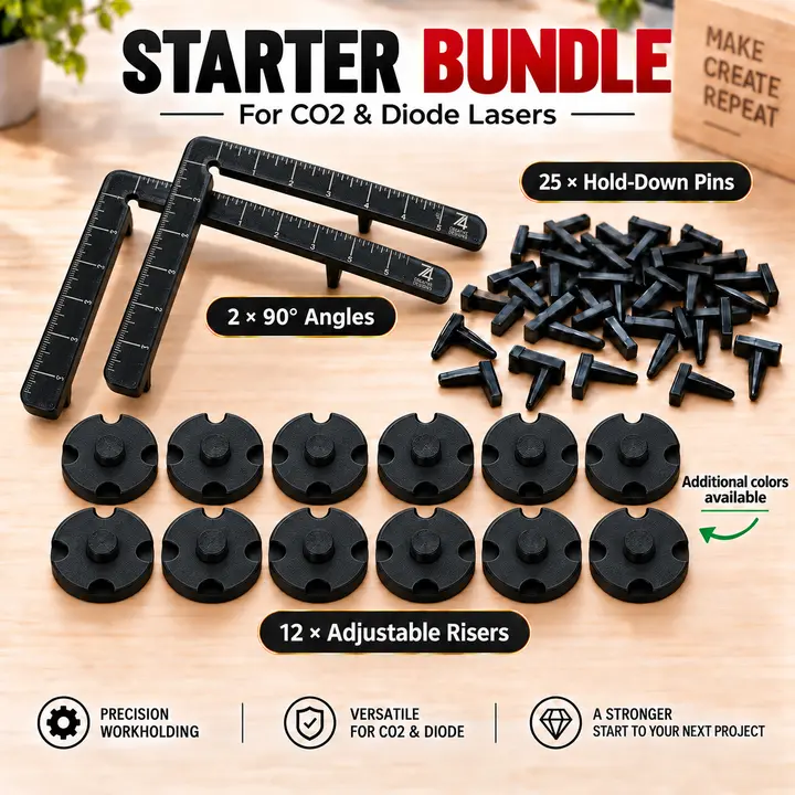 Laser Bed Starter Kit – 90° Angles, Hold-Down Pins & Risers