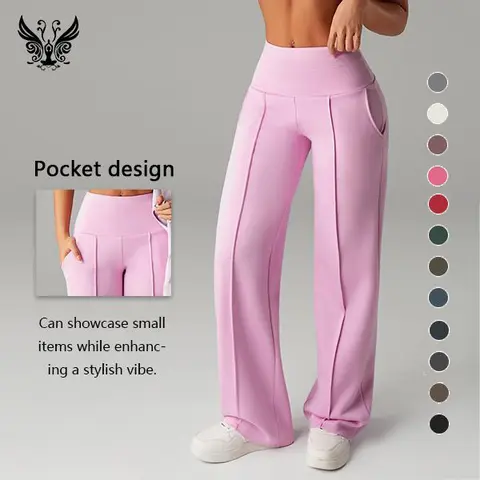Female High-Waisted Wide-Leg Yoga Pants - Activewear Dance Athleisure, Work-to-Gym Ready, Normal Type, Slimming, Height-Boosting, Side Pockets, Smooth Wrinkle-Resistant Fabric - Ideal for Workout, Work