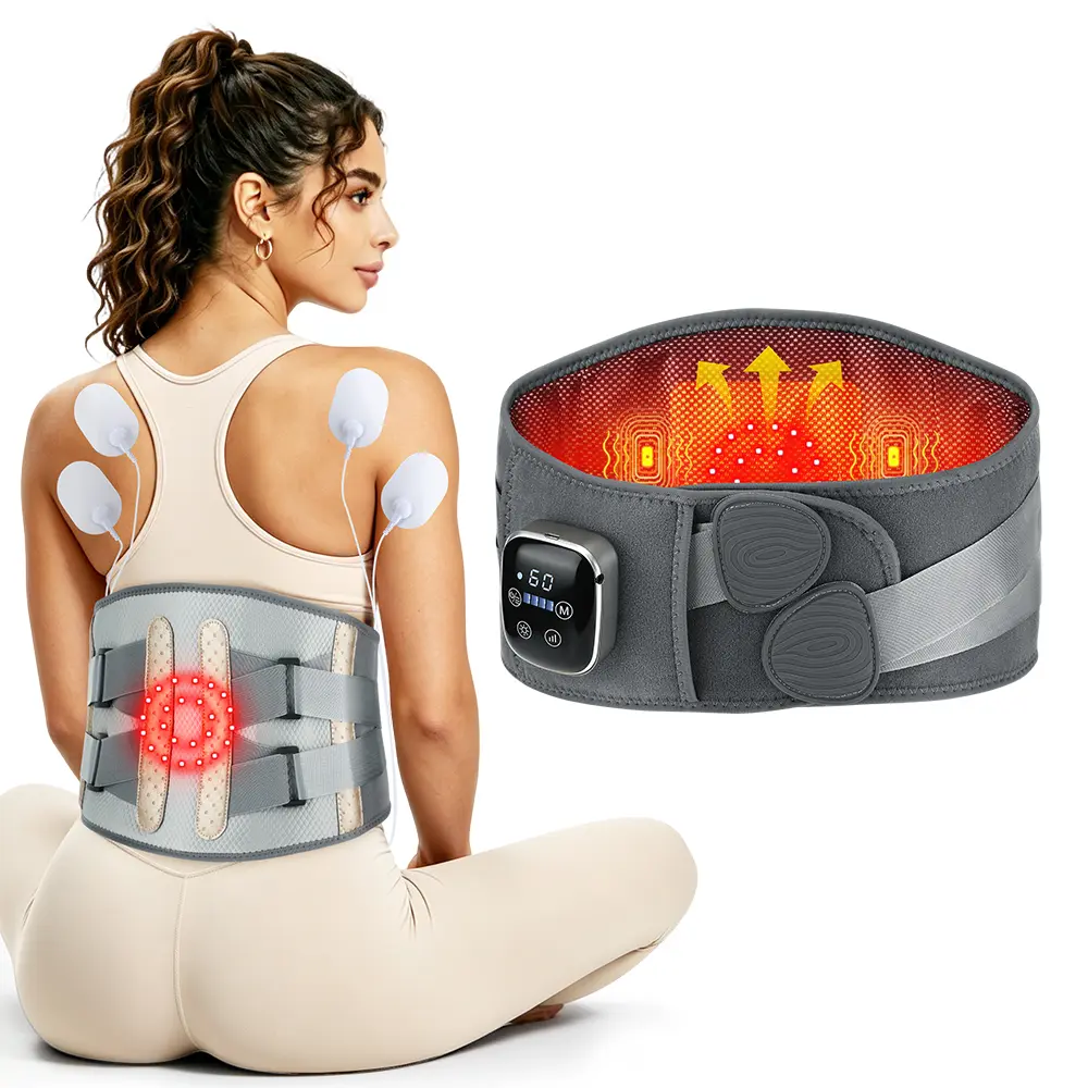 Rechargeable Heated Waist Massage Belt with Lumbar Steel Frame Support, EMS, Vibration Massage, Red Light Warm Therapy, Mugwort Hot Compress, Multi-Modes Adjustable Heat, Pain Relief Portable Massager for Lower Back, Arms