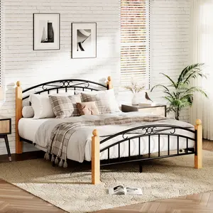 Full Size Metal Platform Bed Frame with Adjustable Headboard, Wooden Slats & Under Bed Storage, Noise-Free No Box Spring Needed Easy Assembly Bed for Bedroom