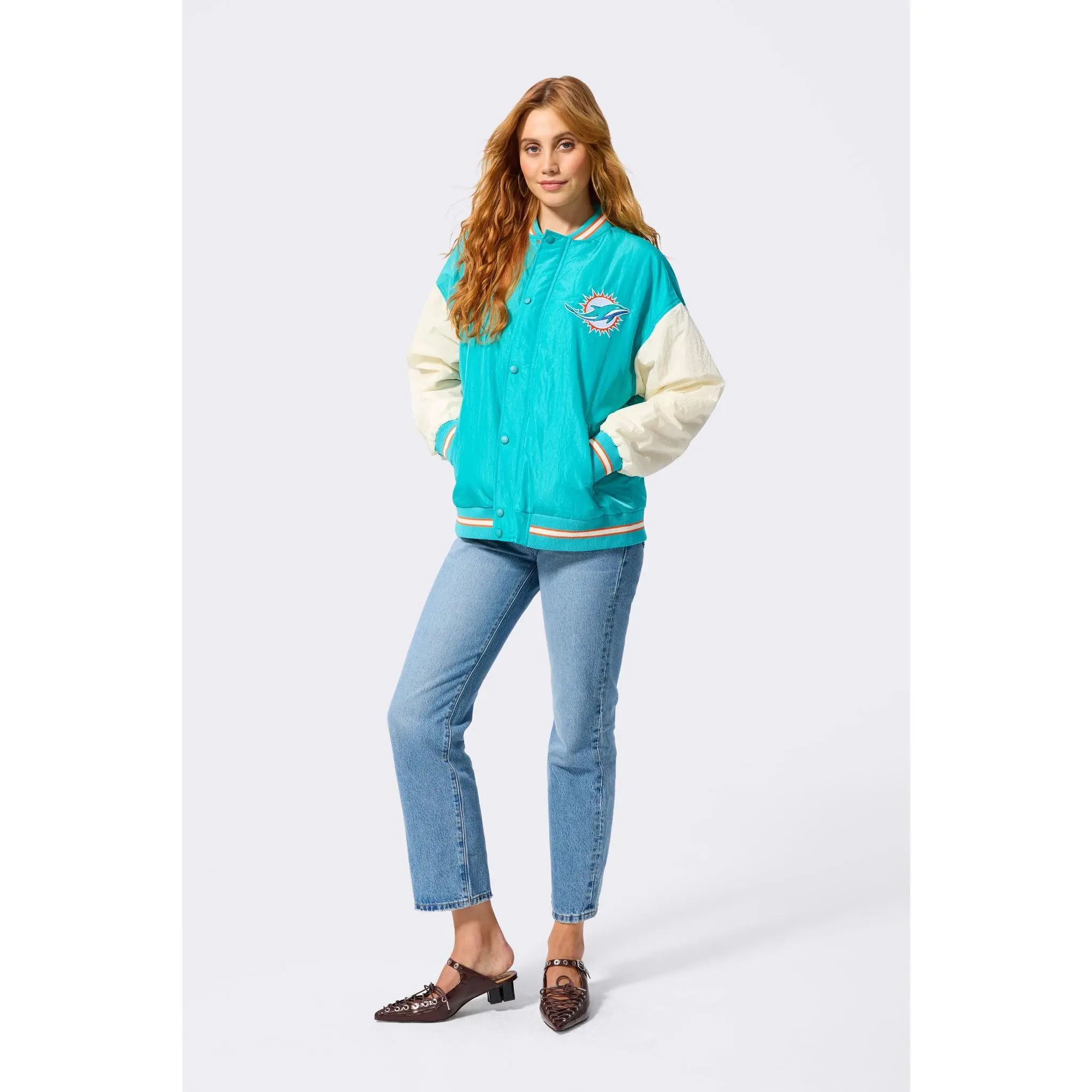 Dolphins Bomber Jacket in Aqua and Sugar Swizzle