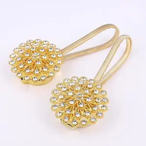 2 PCS Magnetic Curtain Tiebacks, Crystal Decor Curtain Ties for Drapes No Drilling Drapery Holdbacks with High-Elastic Spring Wire for Home Office Window Decorative Holdback, Gold