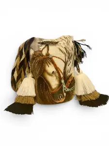 Large Handmade Horse Wayuu Bag | Luxury Crochet Bucket Bag with Crystal Details & Wide Strap