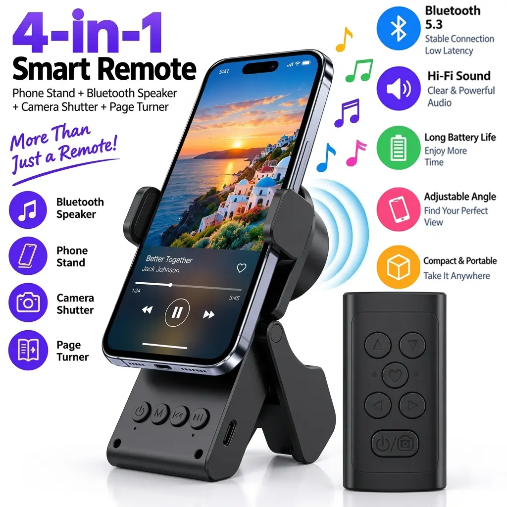 【Black】Remote Control for TikTok Scrolling with Bluetooth Speaker, Smartphone Holder Stand, Wireless Page Turner, Camera Shutter for Video Recording, Selfie Accessory, iOS Android, Gifts for Men Women