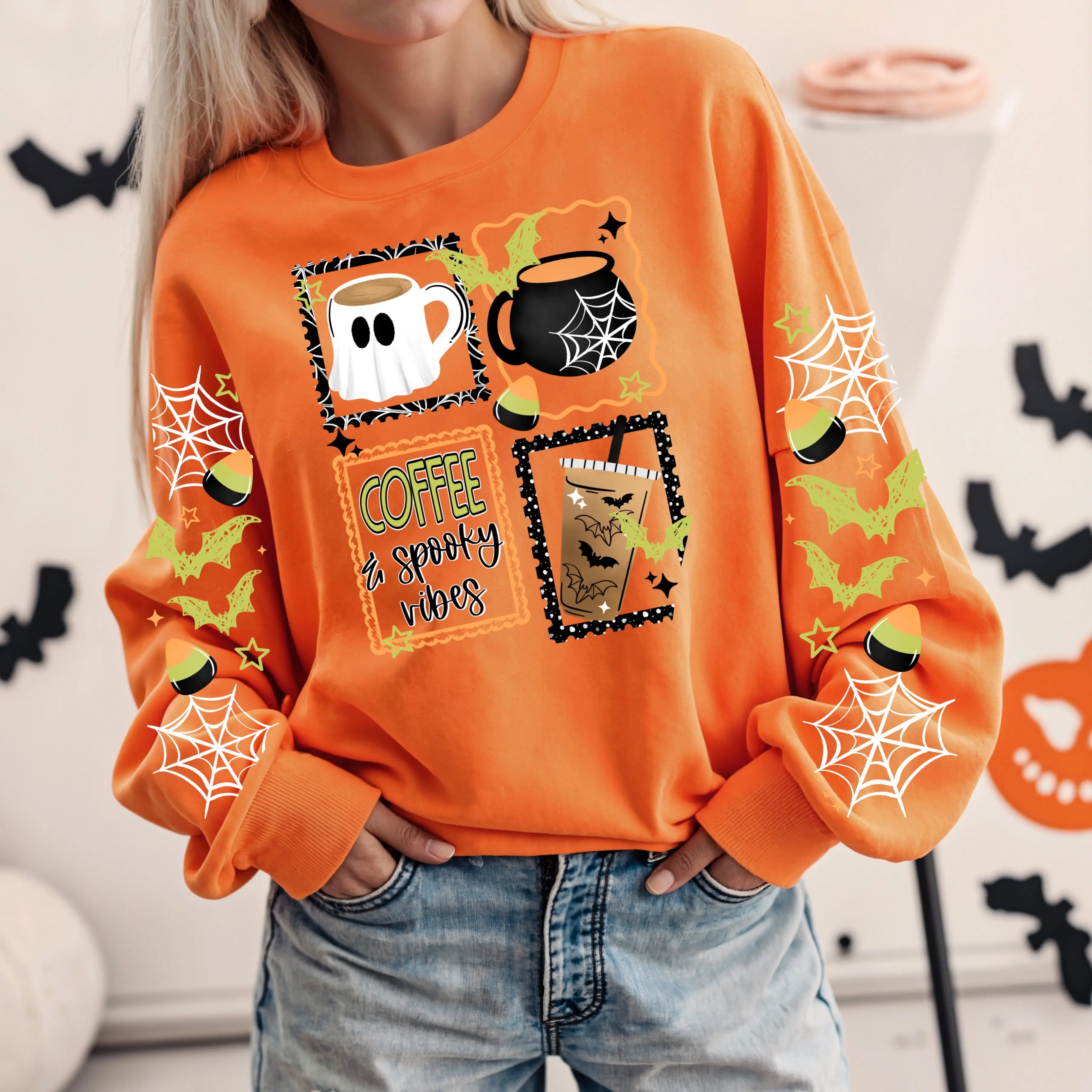 Coffee & Spooky Vibes Halloween Sweatshirt | Ghost Coffee Crewneck | Cute Halloween Coffee Lover Pullover | Candy Corn Sleeve Sweatshirt | Fall Ghost Coffee Sweatshirt | Cozy Autumn Crewneck | Halloween Coffee Gift 👻☕🎃🕸️🦇