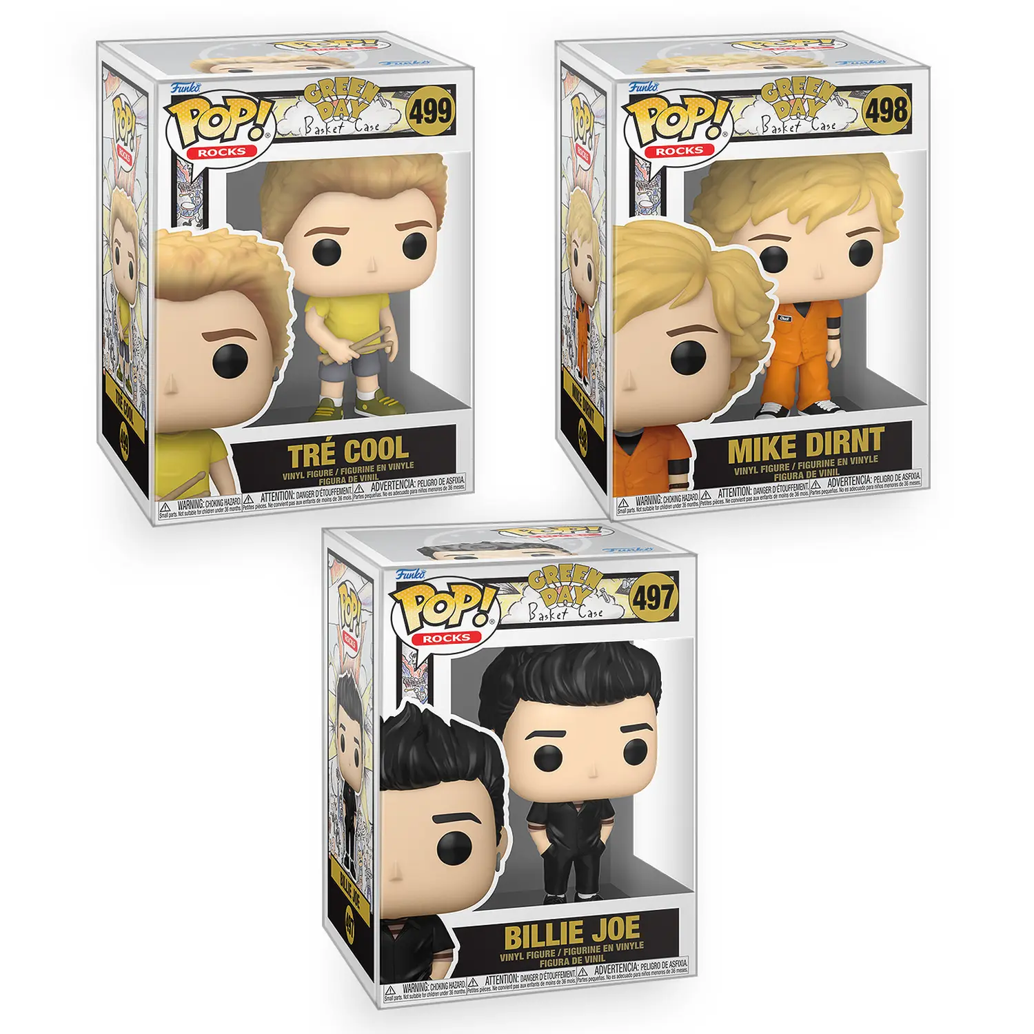 Funko POP Green Day: Basket Case - Set of 3 - Billie Joe Armstrong, Tre Cool and Mike Dirnt Vinyl Figure with Epic Collectibles Premium Box Protector Included