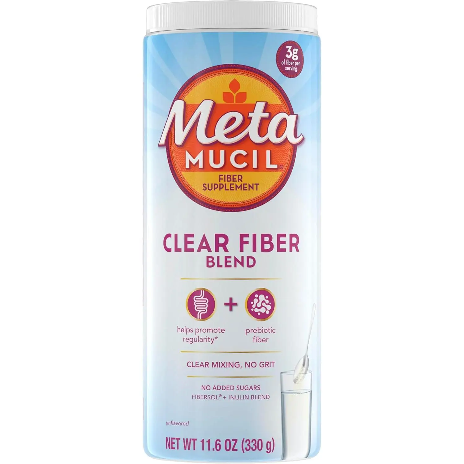 Metamucil Fiber Supplement, Unflavored Clear Mixing Powder, No Grit, No Sugar Added, Plant Based Prebiotic Fiber Supplement Blend for Daily Digestive Health, 75 teaspoons