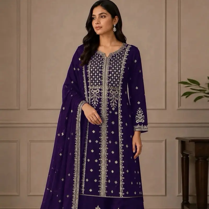 Purple, Georgette Embroidered Sharara Suit - Size 48-50 Big Size Formal Party Ethnic Womenswear with Embroidered Fabric