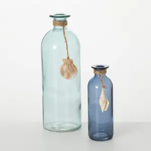 SEA-BLUE TALL GLASS  VASE  w/shell
