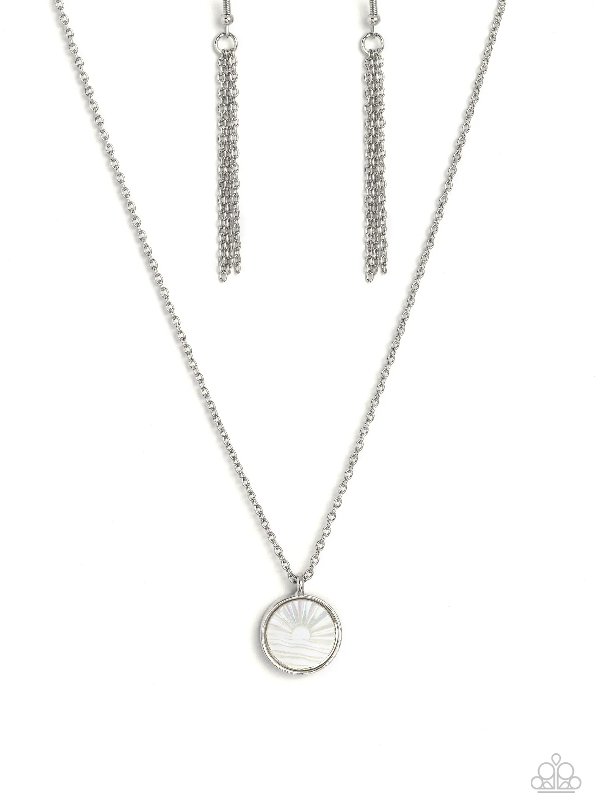 Seize the Sunset - White Pendant Necklace - White Shell-like Disc Embossed with Sunset Over Waves in Silver Frame on Dainty Silver Chain