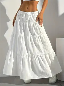 Women's White Tiered Ruffle Maxi Skirt, Elastic Adjustable High Waist Drawstring Flowy Long Skirt, Breathable Textured Fabric Casual Beach Vacation Streetwear Party, Bohemian Outfit Boho A-Line Skirt for Summer