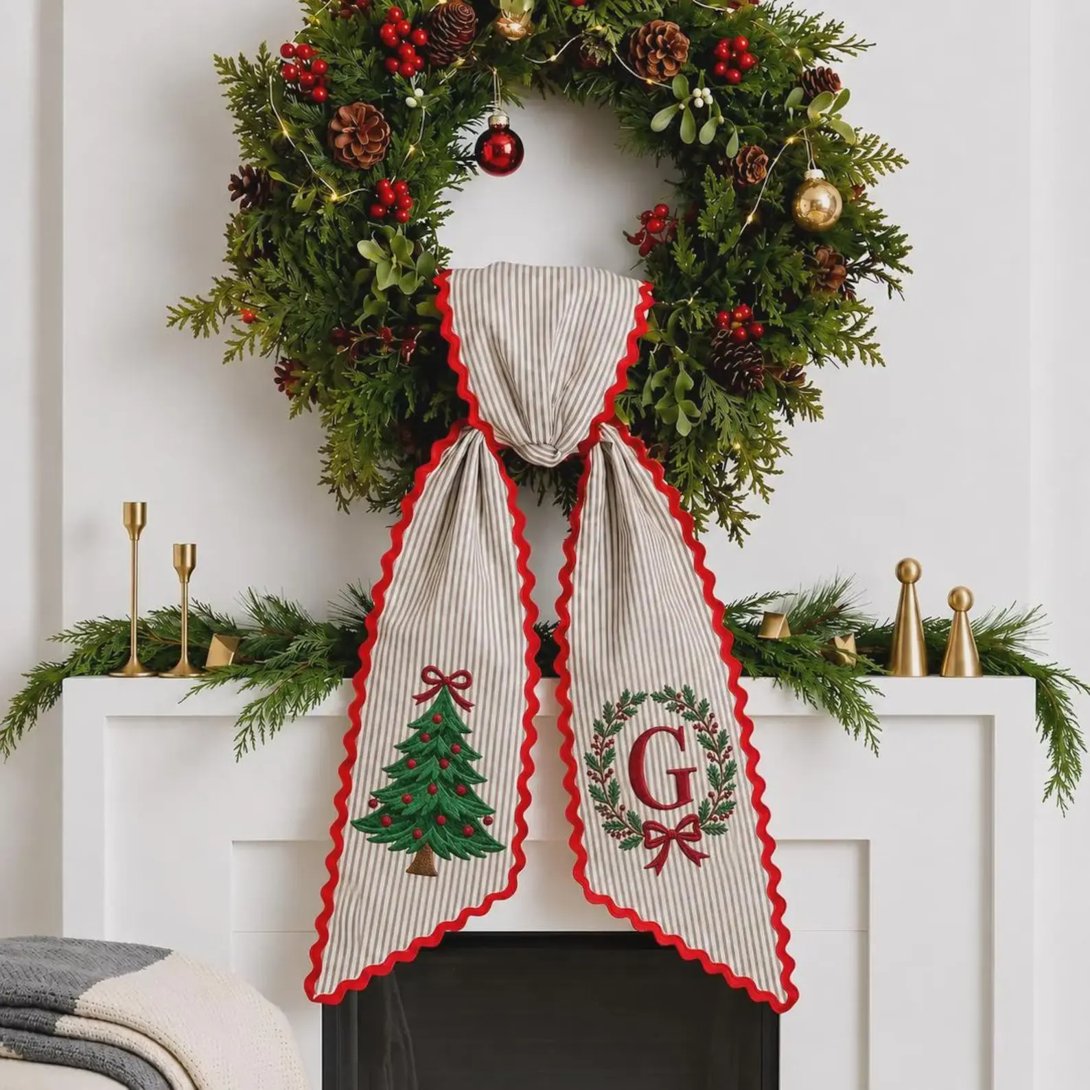 [CUSTOM]Personalized Embroidered Christmas Wreath Sash, Monogram Letter Wreath Bow, Santa Claus Embroidery Applique, Christmas Front Door Decor Gift