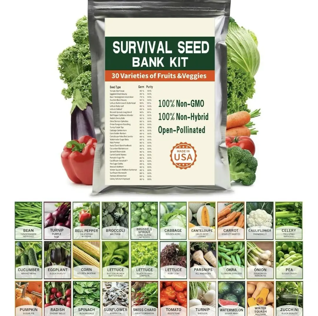 Survival Seed Bank Kit 30 Varieties of Fruits & Veggies 100% Non-GMO Non-Hybrid Open-Pollinated USA Grown