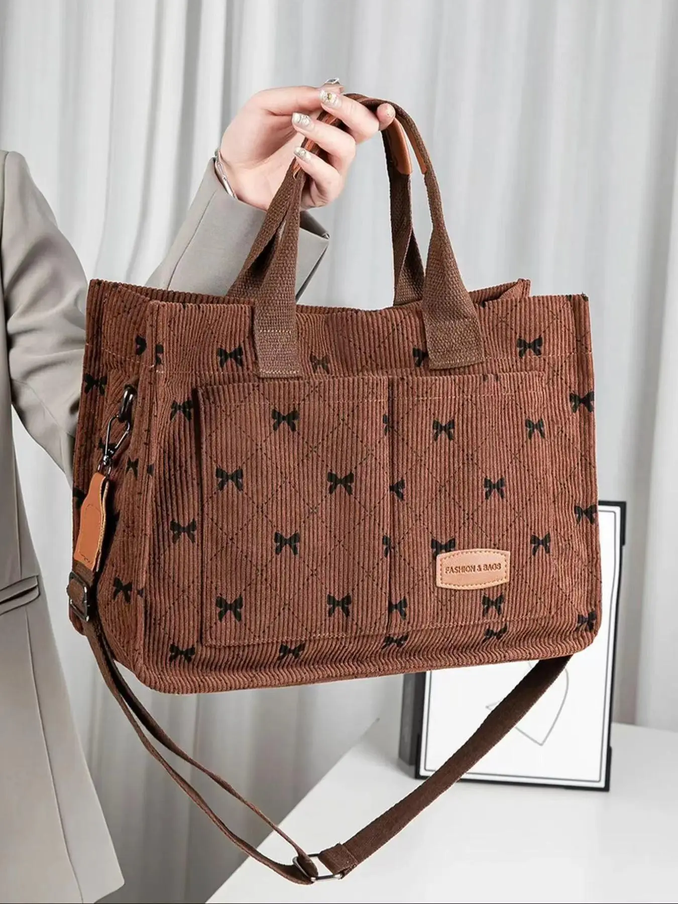 Women's Elegant Bow Pattern Tote Bag, Fashionable Large Capacity Shoulder Bag for Work & Daily Used, Casual Trendy Versatile High-quality Daily Commuting Bag, Fashionable Patterned Bag, Commuter Tote Bag, Multifunctional Commuter Bag