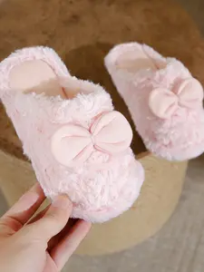 Plush Bow Cotton Slippers, Fall Winter Warm Anti-Slip Home Shoes, Soft Rubber Sole, Quiet Design, Slip-On Convenience