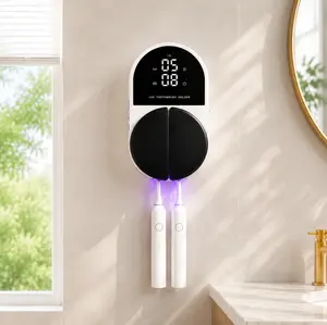 Smart UVC Wall-Mounted Bacteria-Killing Toothbrush Holder - Home Decor Bathroom Accessory, Digital Display, Drying Function, Renter-Friendly No-Drill Sterilizer, Modern Design, Germ & Mold Eliminator for Electric Toothbrushes, Bathroom Space Saver