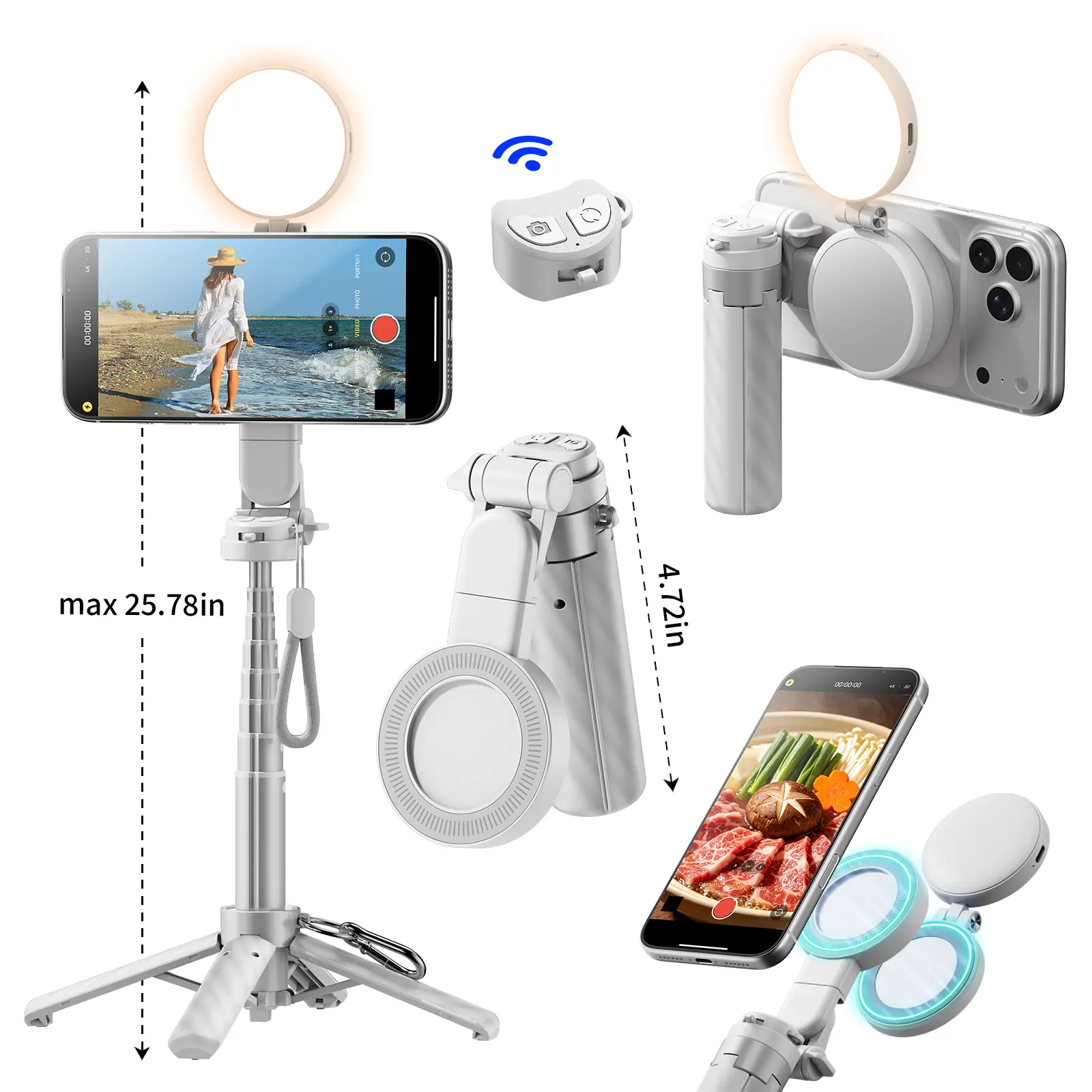 7 in 1 Double-Sided Magnetic Selfie Stick Tripod with Light , DSLR-Style Phone Camera Grip Helper with Makeup Mirror & Phone Holder, Compatible with iPhone 17/16/15/14/13/12 Pro Max