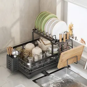 Miaoli Foldable Over Sink Dish Drying Rack｜Pull-Out 2-Tier Dish Drainer with Utensil Holder｜Space Saving Kitchen Organizer for Small Kitchens