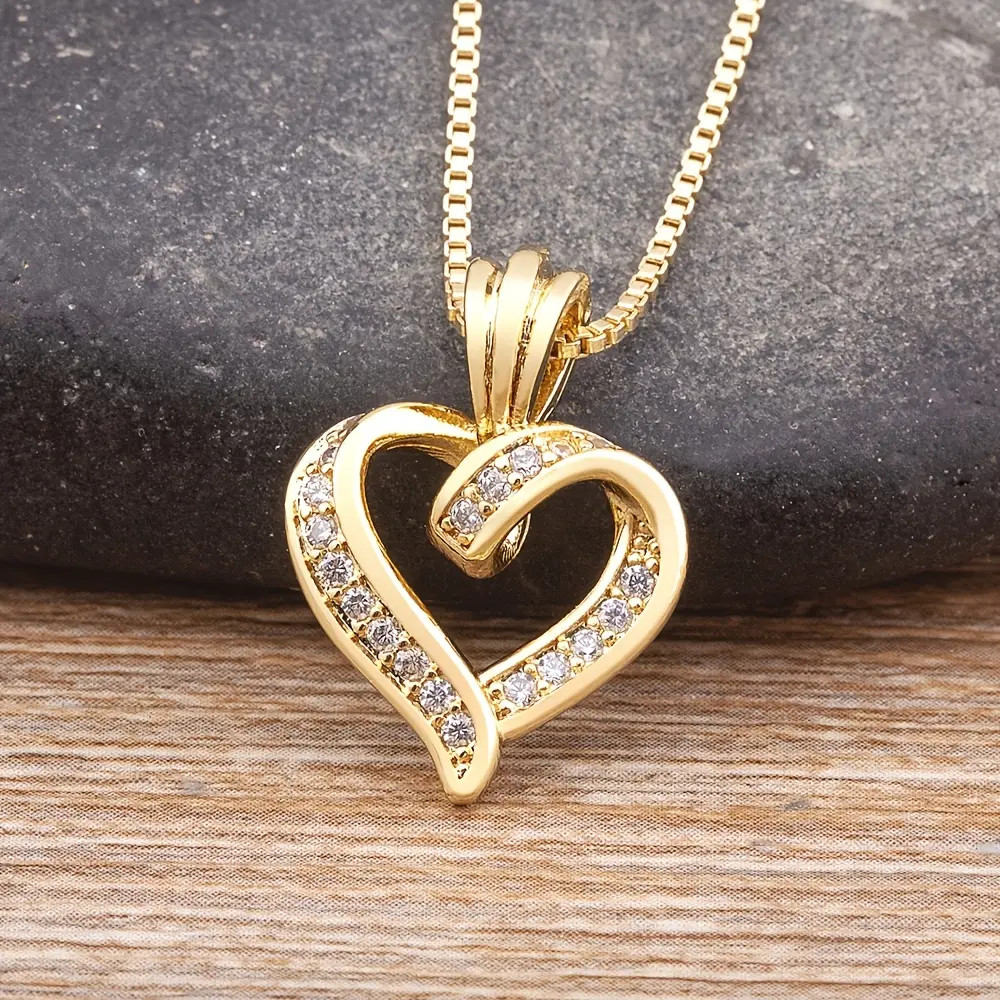 Elegant 18K Golden Plated Copper Heart Pendant Necklace with 3A Zirconia, Spiral Love Design, Shiny Crystal Jewelry for Women, Perfect for Daily Wear & Christmas Gift, Autumn Collection