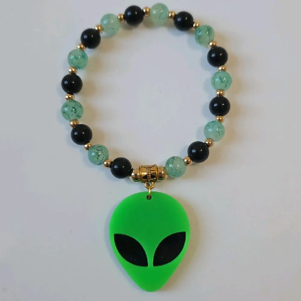 Jumbo Alien Head Charm Bracelet with Green and Black Beads and Gold Accents