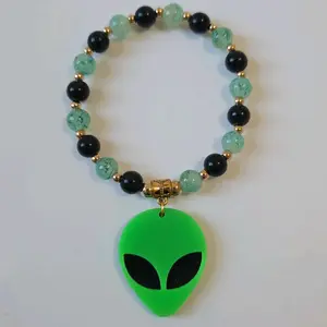 Jumbo Alien Head Charm Bracelet with Green and Black Beads and Gold Accents