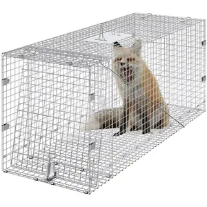 VEVOR  Live Animal Cage Trap, 42" x 16" x 18" Humane Cat Trap Galvanized Iron, Folding Animal Trap with Handle for Stray Dogs, Armadillos, Raccoons, Marmots, Foxes