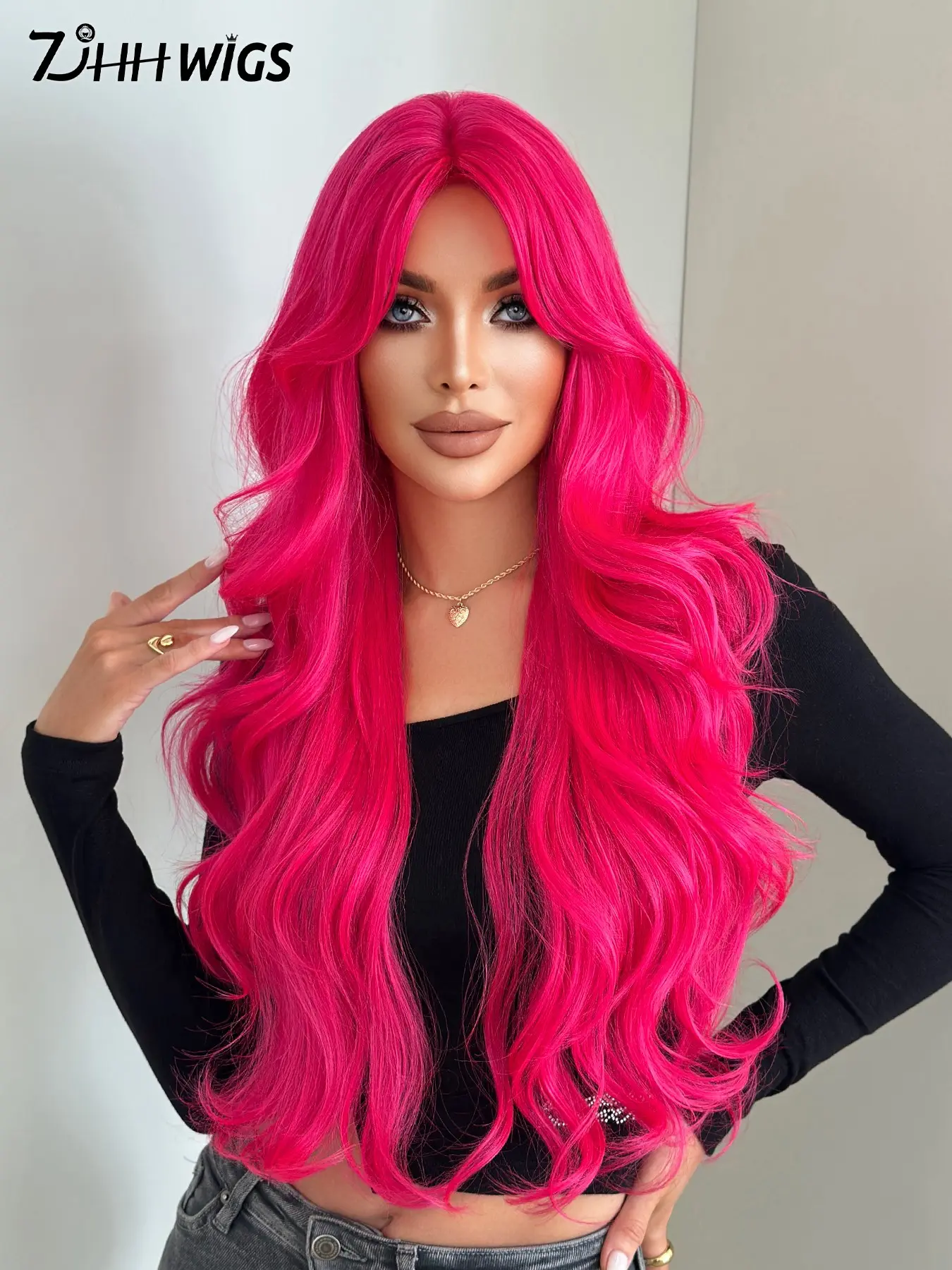 Extra Long Curly Hot Pink Wig with Curtain Bangs for Women 30 Inch Long Wave Wig, Wavy Synthetic Wig, Synthetic Material Wigs, Heat Resistant Fiber Wigs for Halloween & Music Festival Party Wear, Cosplay Costume Use Fashion Wig Accessories