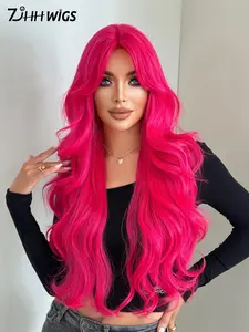 Extra Long Curly Hot Pink Wig with Curtain Bangs for Women 30 Inch Long Wavy Synthetic Wig, Heat Resistant Fiber Fluffy Wigs for Halloween & Music Festival Party Wear, Cosplay Costume Use Fashion Wig Accessories, Synthetic Wavy Hairstyle