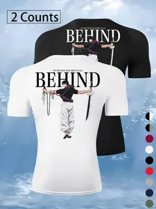 Men's Cartoon & Letter Print Round Neck Sports Tee, Quick Drying Breathable Comfortable Compression T-shirt, Athletic Tops for Gym Workout Running, Casual Sportswear for Summer