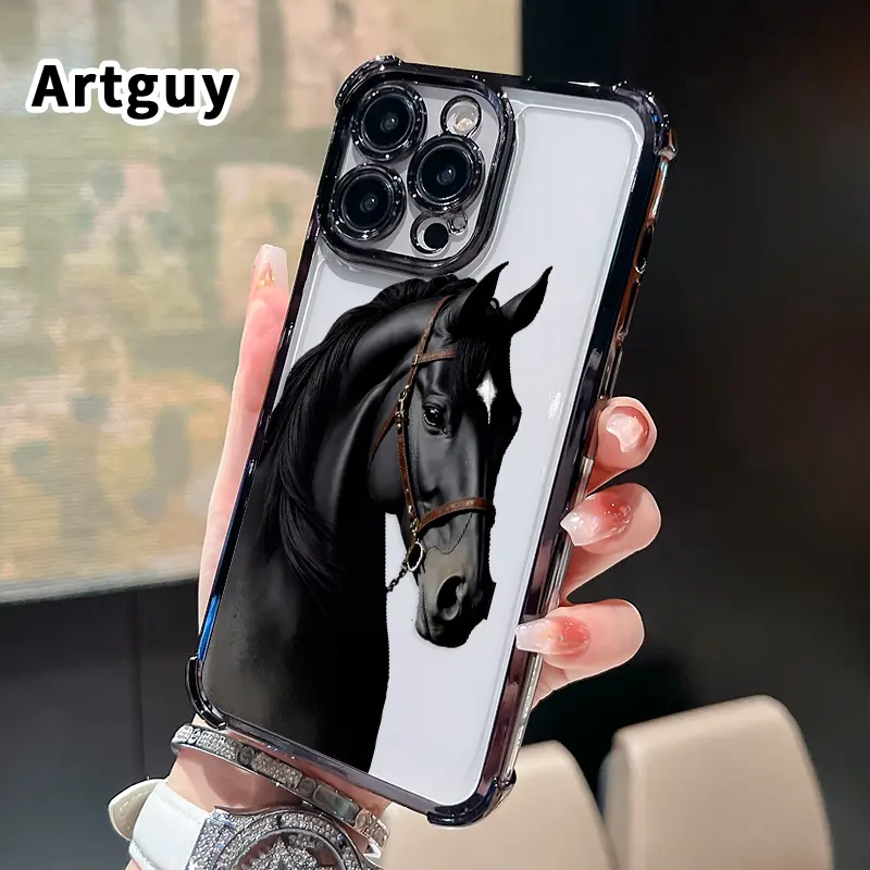 Noble Black Steed Mobile Phone Case for iPhone 17 16 Pro Max 15 Plus 14 13 12 11 E Air Four Corner Anti-drop Shockproof Non-slip Silicone Transparent Protective Cover