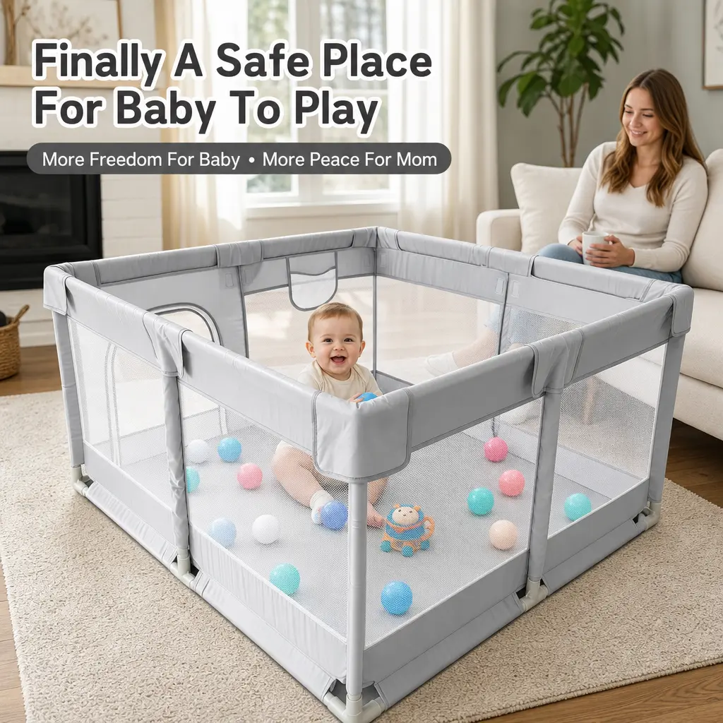 Durable Portable Easy-Assemble Baby Playpen with Anti-Slip Mat, Soft BreathableMesh, Anti-Fall Design, Pull Rings, 50 Ocean Balls(Indoor/Outdoor Use)47inchx47inchx27inch Suitable for various home layouts
