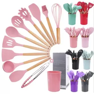 Silicone Kitchen Utensils Set, 12pcs/set Non-stick Cooking Utensils Set with Wooden Handle, Kitchen Cooking Utensils Set for Home Use, Nonstick Spatula, Silicone Cooking Spoon