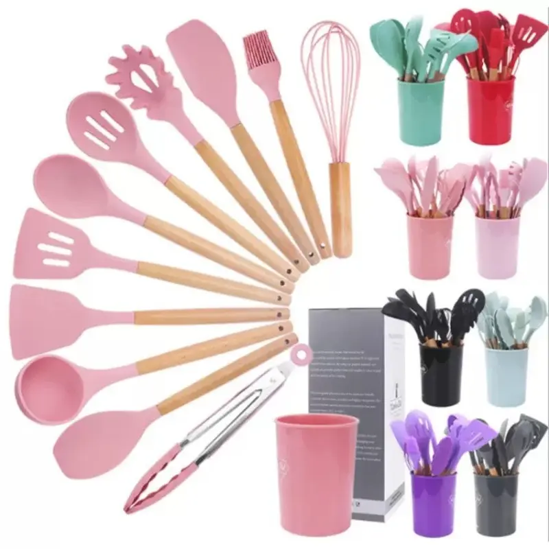 Silicone Kitchen Utensils Set, 12pcs/set Non-stick Cooking Utensils Set with Wooden Handle, Kitchen Cooking Utensils Set for Home Use, Nonstick Spatula, Silicone Cooking Spoon