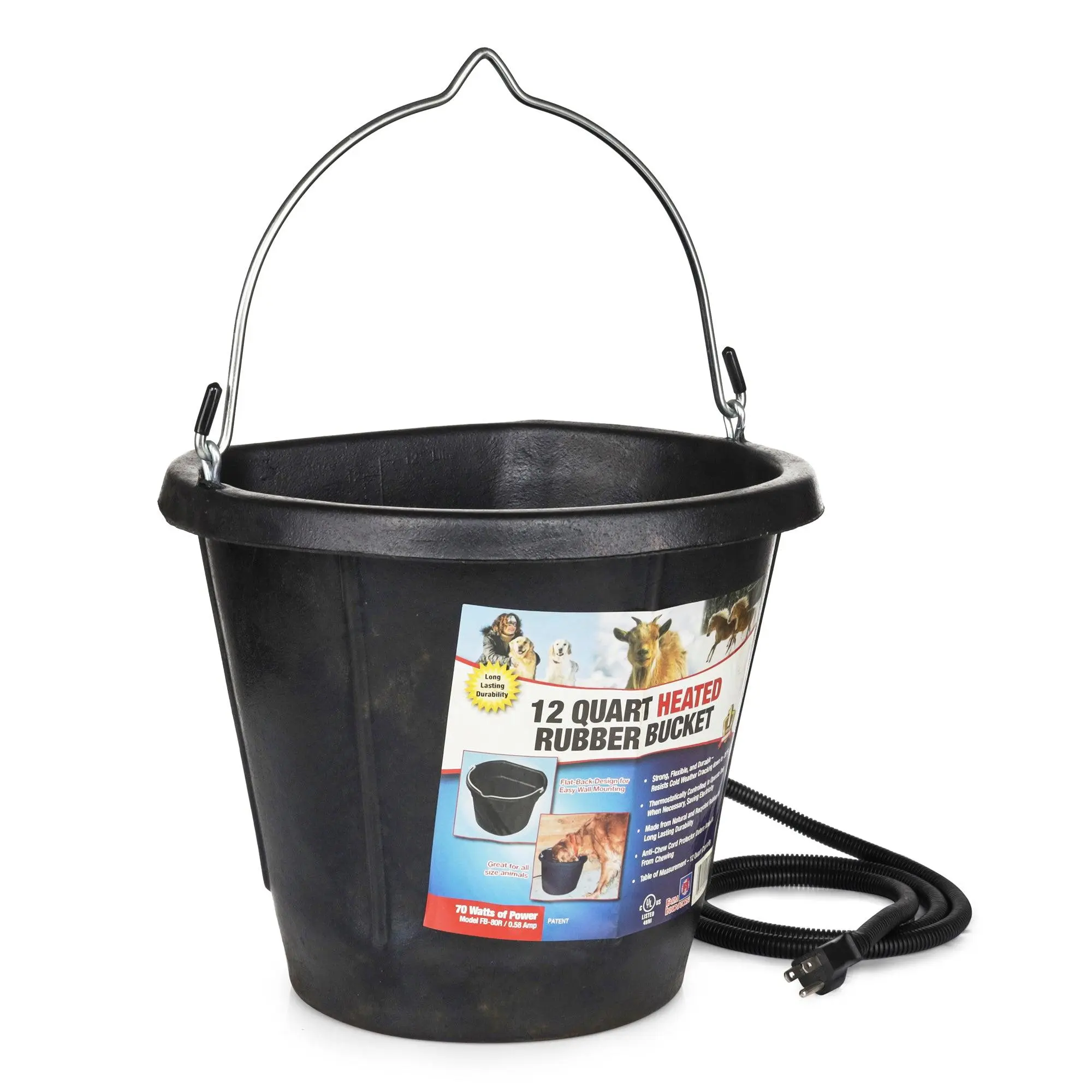 Farm Innovators FB-80R Rubber 3 Gallon Flat Back Heated Bucket, 70 Watt, Black Farm Innovators FB-80R Rubber 3 Gallon Flat Back Heated Bucket, 70 Watt, Black