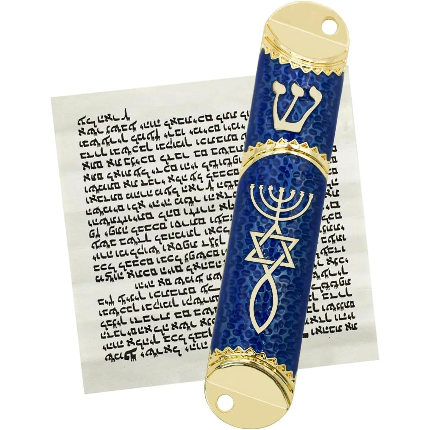 Alloy Metal Blue Mezuzah Case Set - Includes Screws, Traditional Transparent Scroll, Religious Messianic Seal, Blessing Mezuzah for Judaism, Hanukkah Hebrew Home Decor, Mountable Door Housewarming Gift