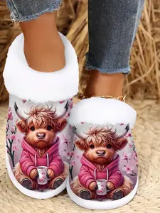 Cow Lover Gift, Winter Warm Fuzzy Slipper, Non-Slip Rubber Sole, Cute Cow & Floral Design, Soft Plush Fabric, Casual Home Footwear