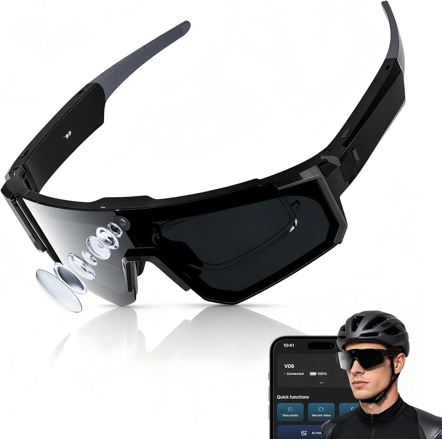 AI Smart Glasses with 4K Camera - Video Recording Sunglasses with EIS Stabilization, ChatGPT Enabled, IP66 Waterproof, Polarized Sports Camera Glasses with Dual Mic Noise Canceling