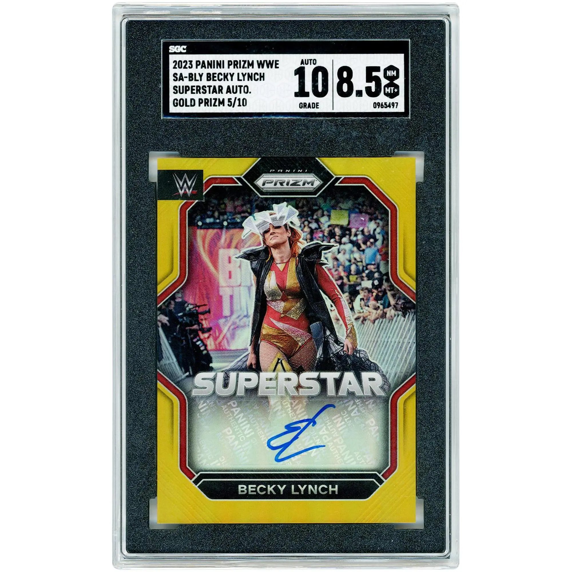 Becky Lynch WWE Autographed 2023 Panini Prizm WWE Gold Prizm Superstar #SA-BLY #5/10 SGC Authenticated 8.5/10 Card - Fanatics Authentic Certified