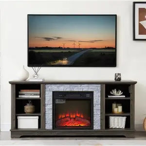 Mantel Electric Fireplace Stone TV Media Stand with Faux Stacked Stone Surround, Modern Entertainment Console with Open Storage Space with 18" Fireplace Insert ,Grey, 58.31"W*15.39"D*26.06"H(High end and high-quality)