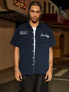 Los Angeles Letter Embroidered Men's Workwear Short Sleeve Shirt, Navy Blue Oversized West Coast Streetwear Button Up Top, Double Pocket Utility Casual Blouse for Urban Daily Street Style Summer Outfit #springsaledeals2026 #summeroutfits
