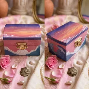 Mini Trinket Chest Hidden Altar - Decorative Box with Gold Lock and Shell Design for Storage and Display