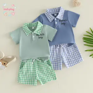 Kids Summer Casual Outfit – Bright “Mama’s Boy” Polo Top & Checkered Shorts, Lightweight Breathable Material, Adorable Playtime/Holiday Wear, Budget-Friendly Toddler Clothes