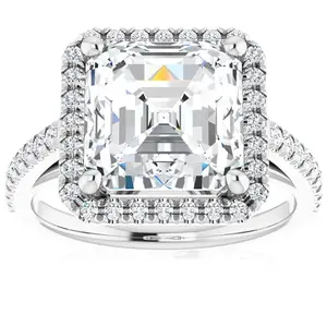 4 1/2Ct Asscher Cut Moissanite & Diamond Halo Engagement Ring in 10k Gold
