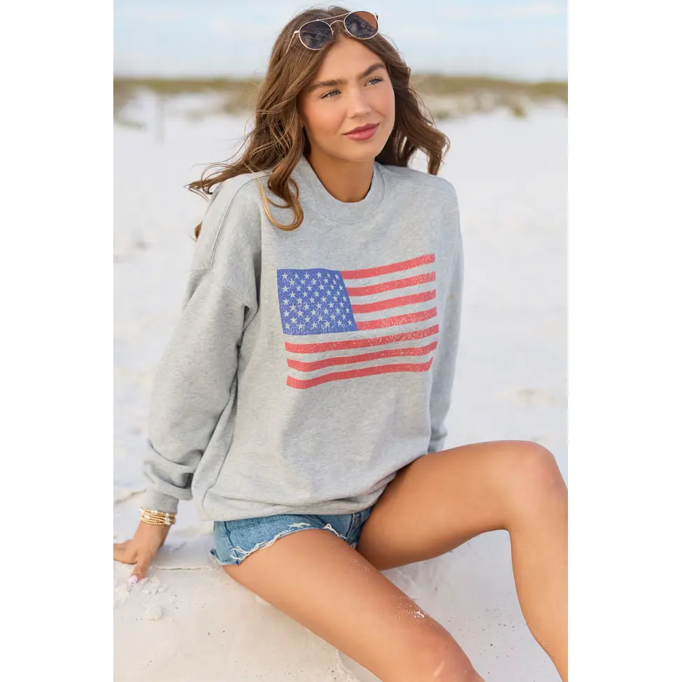 Distressed Flag Light Grey Graphic Sweatshirt