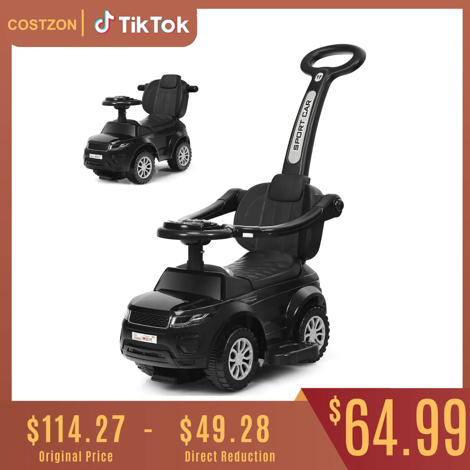 Costzon 3 in 1 Ride on Push Car, Stroller Sliding Walking Car with Horn, Music, Light, Under Seat Storage, Parental Handle, Armrest Guardrails