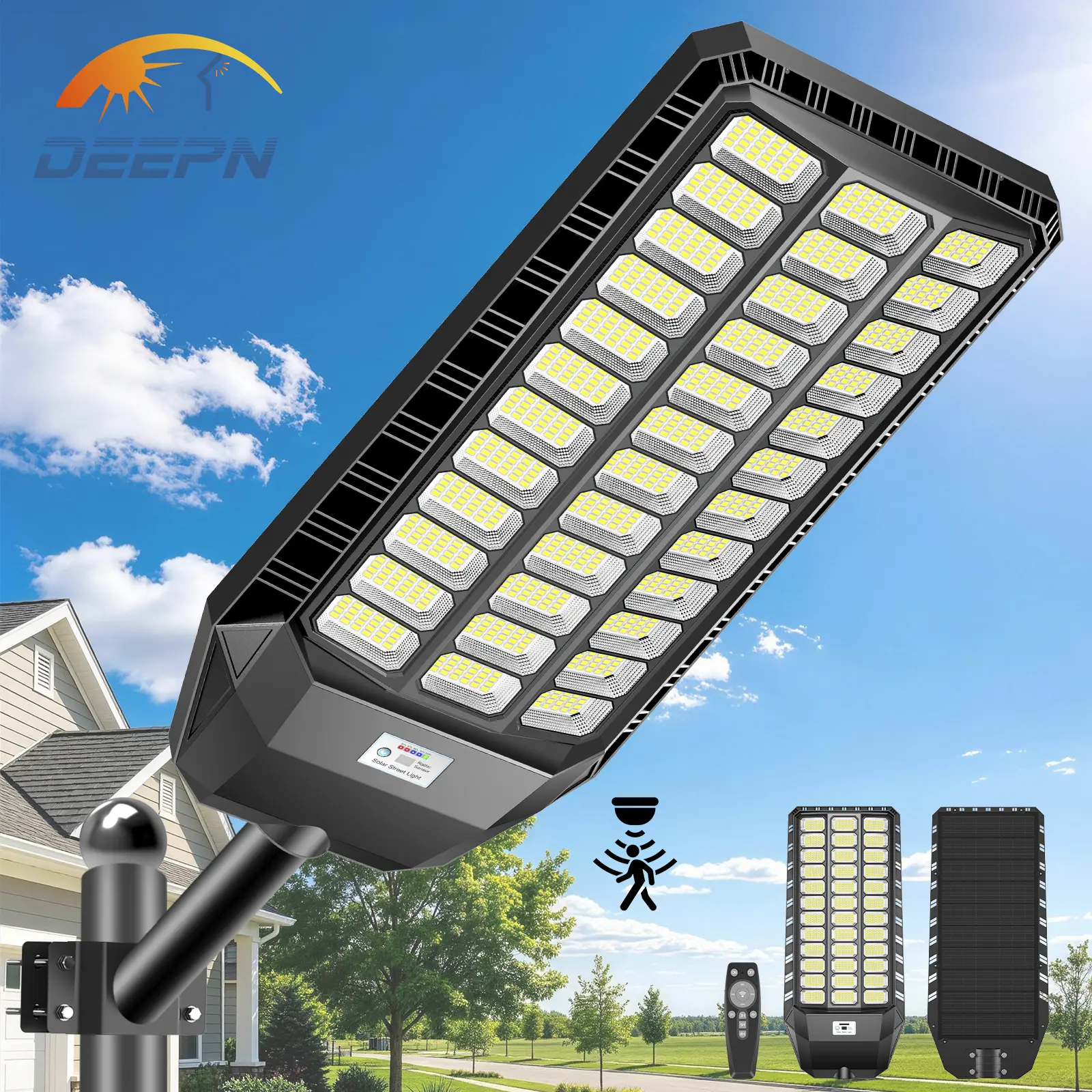 DEEPN Solar Street Outdoor Light Motion Sensor Security Wall Lamp, IP67 waterproof design, remote control support, and automatic dusk-to-dawn operation. Ideal for gardens, parking lots, streets, and courtyards