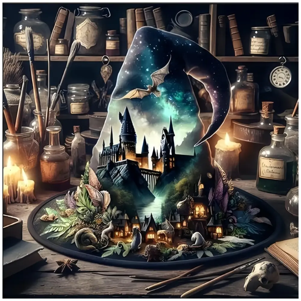 Wizard Hat with Castle Miniature Scene, Multiple sizes available including square and round diamonds. This 5D DIY diamond painting set diamond art embroidery kit handmade furniture decor holiday birthday art personalized gift.