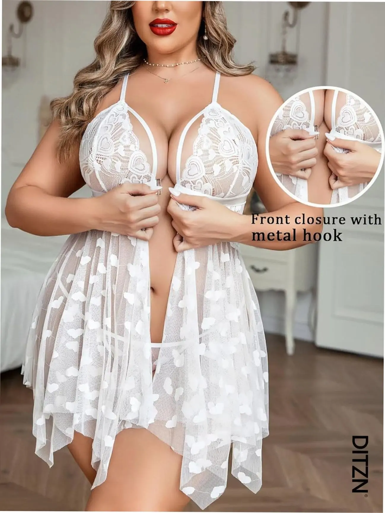 Plus Size Sexy Lace Nightgown Heart Front Slit Sheer Summer Loungewear Date Night